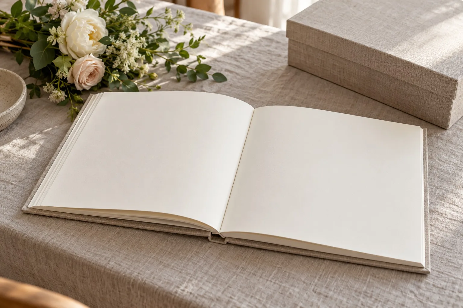 Offenes Fotoalbum mit leeren Seiten neben Blumen und einer neutralen Aufbewahrungsbox